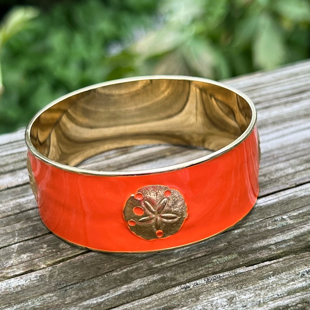 Vintage Wimberly Bangle Orange Enamel With Gold-tone Starfish Bracelet 1” Width